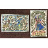 TWO EARLY PERSIAN HAND PAINTED TILES - 38 X 24 CMS