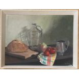 English School. Oil on board. “Still Life of Bread and Fruit on a Table”