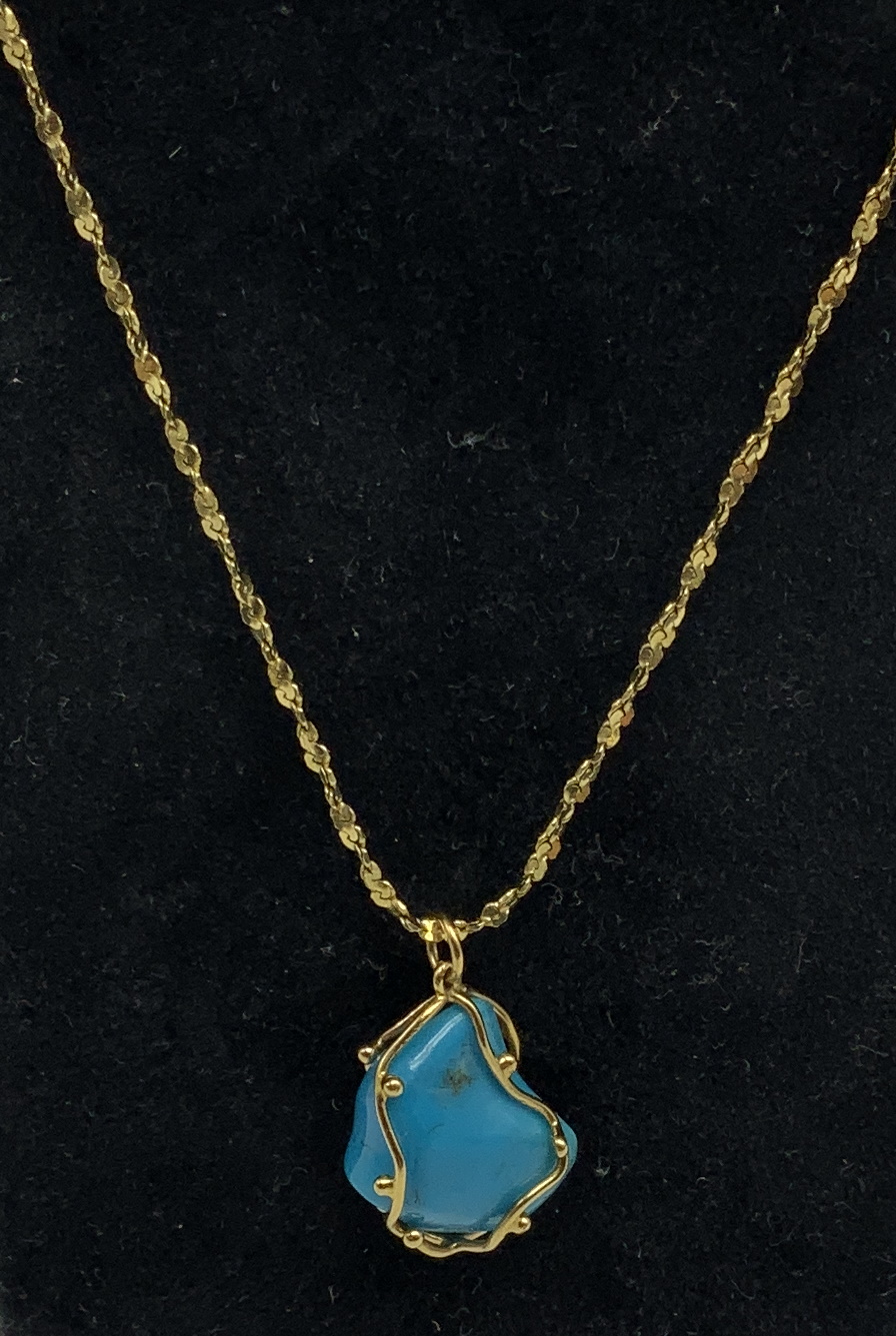 14CT GOLD TURQUOISE PENDANT AND 14CT GOLD CHAIN