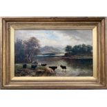 William Langley 1852-1922. Oil on canvas. “Landscape with Cattle Watering”.
