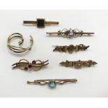 7 9CT GOLD BAR BROOCHES SET WITH GEMSTONES - APPROX. 23 GRAMS