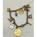 GOLD CHARM BRACELET WITH HALF SOVEREIGN - TOTAL WEIGHT APPROX 28.7 GRAMS