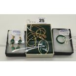 14K GILT SILVER MALACHITE EARRINGS, PENDANT & RING