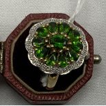 9CT GOLD DIAMOND & GREEN GEMSTONE FLORAL RING - SIZE N