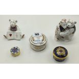 2 CROWN DERBY TEDDY BEARS & 3 TRINKET BOXES