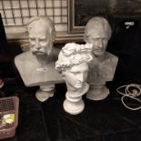 THREE BUSTS - BASE DAMAGED ON 2 - LARGEST 68 CMS (H) MIDDLE 64 CM (H) SMALLEST 55 CMS (H)