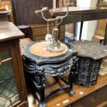 CARVED MARBLE TOP TABLE & BRASS TABLE LAMP