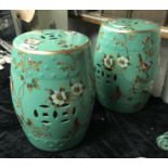 PAIR GREEN PORCELAIN BIRD BARREL STOOLS