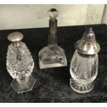 2 SILVER TOP BOTTLES & GLASS SUGAR SIFTER