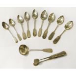11 ITEMS OF RUSSIAN SILVER - SPOONS, TONGS & A SIFTER