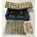 COLLECTION OF EARLY CIGARETTE CARDS, POSTCARDS, MILITARY BUTTONS, COINS, BANKNOTES