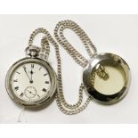 SILVER POCKET WATCH WITH ALBERT CHAIN 70 CM LENGTH - NEEDS NEW GLASS