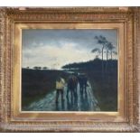 WILLIAM FREDERICK HULK 1852-1906 OIL ON CANVAS - MAN WITH HORSES- SIGNED- 32CM X 36CM -OVERALL