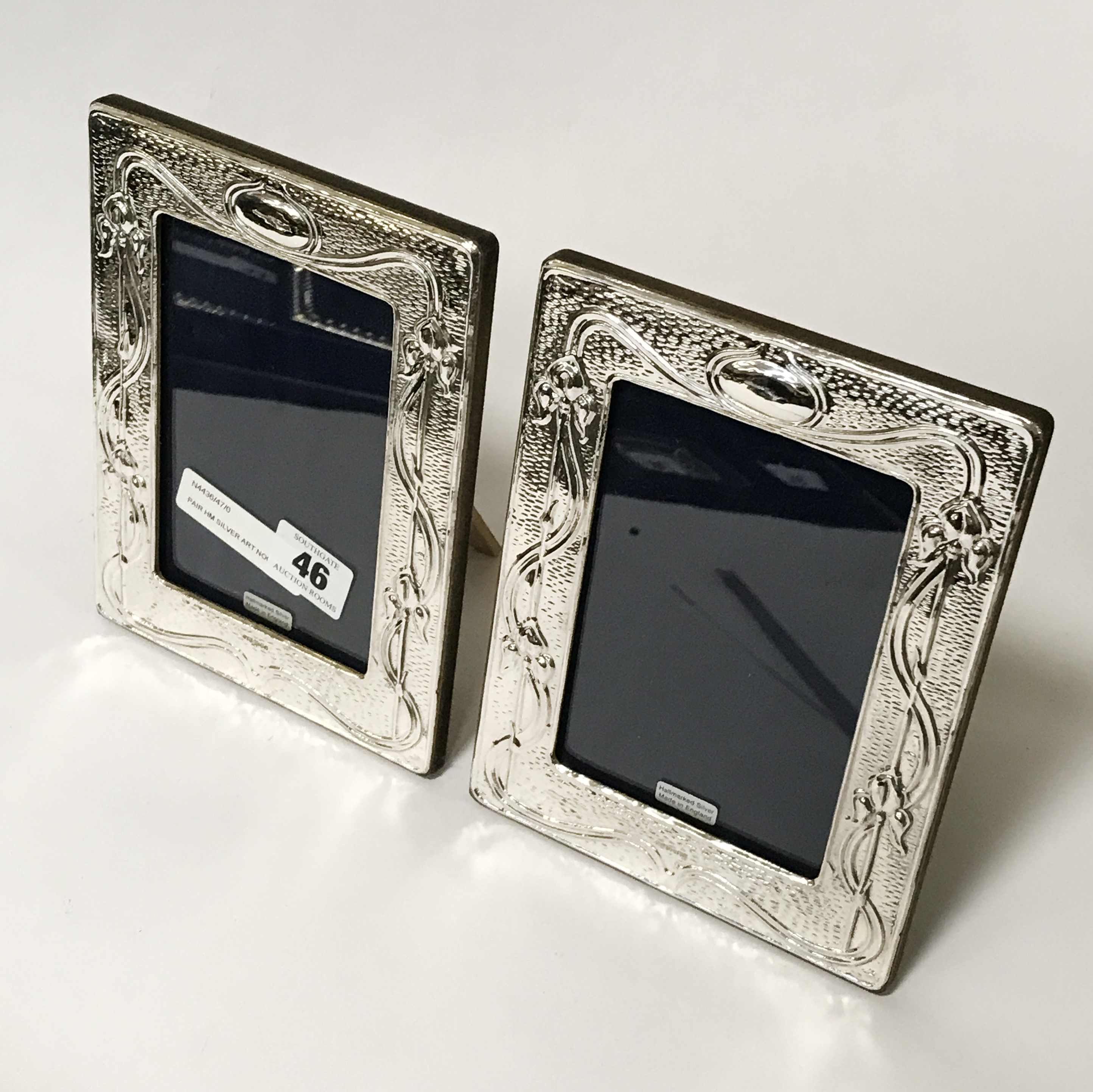 PAIR HM SILVER ART NOUVEAU STYLE PHOTO FRAMES - 19 CMS (H) X 14 CMS (W)