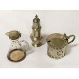 HM SILVER MUSTARD POT, SIFTER & OIL JUG