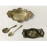ART NOUVEAU HM SILVER PIN TRAY WITH ANOTHER HM SILVER PIN TRAY & TWO HM SPOONS - 140 GRAMS