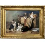 WITHDRAWN! ISABELLE L PERKIN 1860-1943 OIL ON CANVAS - FIVE KITTENS WITH BASKET & BLANKET- SIGNED