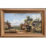 EDWIN MASTERS 19THC OIL ON CANVAS - FIGURES & HORSES OUTSIDE COTTAGE - SIGNED EM & INSCRIBED ON