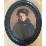 19THC OIL ON CANVAS - PORTRAIT OF WOMAN WEARING EARRINGS & BROOCH - 61CM HIGH - SOME PAINT LOSS