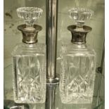 PAIR OF HM SILVER COLLARED DECANTERS - 26 CMS (H)