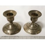 PAIR SHORT STERLING SILVER CANDLESTICKS - 12CMS (H) BASE DIAM 12CMS