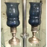 PAIR OF STERLING SILVER & BLUE GLASS STORM LAMPS