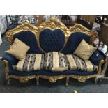 LARGE BLUE VELVET & GILT BUTTON BACK SOFA