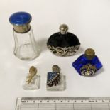 HM SILVER PERFUME BOTTLE WITH ENAMEL TOP & 4 OTHERS