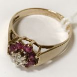 9CT GOLD DIAMOND & RUBY RING - SIZE M