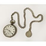HM SILVER POCKET WATCH WITH CHAIN & COIN