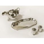 H/M GRAVY BOAT, DISH, SALT AND PEPPER POTS