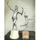 PAIR OF ART DECO FIGURES ON MARBLE BASES TALLEST 32CMS (H)