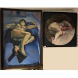 2 SIGNED OIL PAINTINGS - ONE BY JULIE CROFT - 85 X 125 CMS AND ONE BY THOMLINSON - 78 CMS SQUARE -