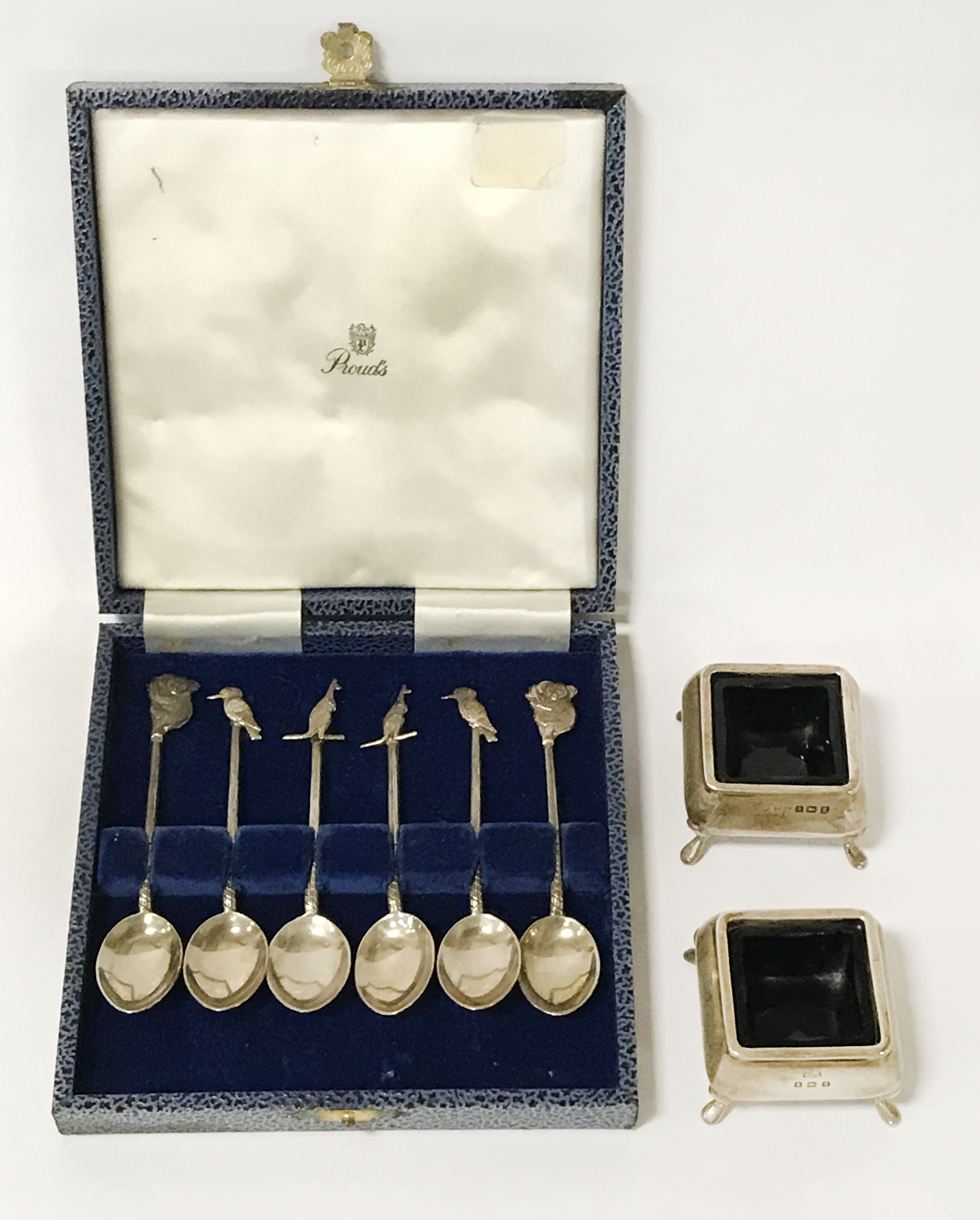 TWO SILVER SALTS WITH BRISTOL BLUE GLASS & SET OF SIX AUSTRALIAN SILVER SPOONS DEPICTING