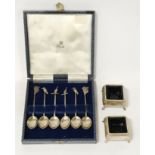 TWO SILVER SALTS WITH BRISTOL BLUE GLASS & SET OF SIX AUSTRALIAN SILVER SPOONS DEPICTING