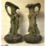 PAIR OF TERRACOTTA ART NOUVEAU STYLE FIGURAL VASES EACH 49CMS (H)