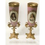 PAIR OF EARLY GILT & PORCELAIN FRENCH TALL VASES WITH HAND PAINTED PORTRAIT - 43CMS