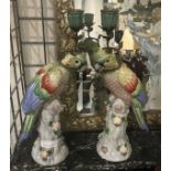 PAIR BRONZE & PORCELAIN BIRD CANDLESTICKS 36CMS (H)