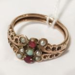 9CT ANTIQUE PEARL & RUBY GOLD RING - SIZE O