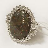 18CT WHITE GOLD DIAMOND LARGE OPAL RING - SIZE N