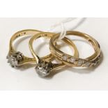 TWO 9CT GOLD RINGS WITH 8CT PLATINUM & DIAMOND RING SIZES O