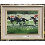 MARIO BERRINO FRAMED OIL PAINTING - RACING SCENE - 39CMS X 28CMS