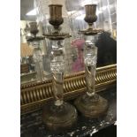 PAIR OF ETCHED GLASS EMPIRE STYLE CANDLESTICKS 32CMS (H)