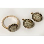 14CT GOLD RUSSIAN SIBERIAN BLACK & WHITE DIAMOND RING & MATCHING EARRINGS - RING SIZE P