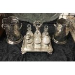 EARLY S/PLATED CRUET & 2 S/PLATE WINE COOLERS