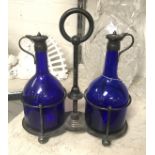 EARLY WALKER & HALL CONDIMENT SET - SILVER PLATED & BRISTOL BLUE GLASS