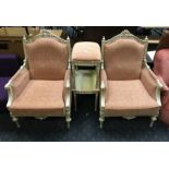 PAIR OF ORNATE ARMCHAIRS, STOOL & SIDE TABLE