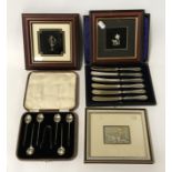 HM SILVER SPOONS, SILVER HANDLED KNIVES, 3 FRAMED SILVER PICTURES