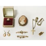 QTY OF 9CT GOLD INCL. CAMEO BROOCH, RING & EARRINGS