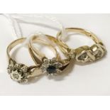 3 9 CT GOLD BEJEWELLED RINGS SIZES K,K&Q